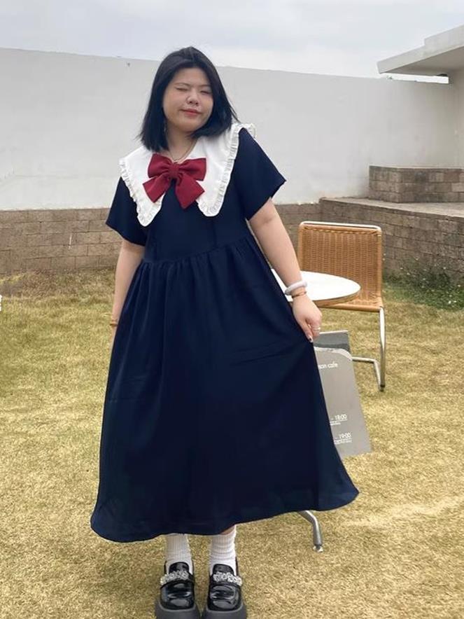 大碼女裝胖mm蝴蝶結娃娃領連衣裙女夏顯瘦微胖大碼甜美A字長裙子