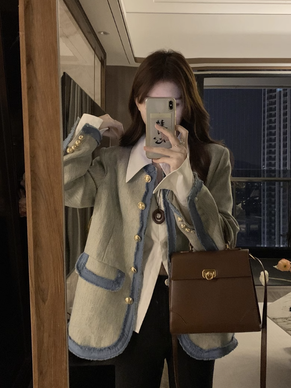 大碼小香風撞色拼接西裝外套女2023春秋設計感小眾氣質名媛上衣女