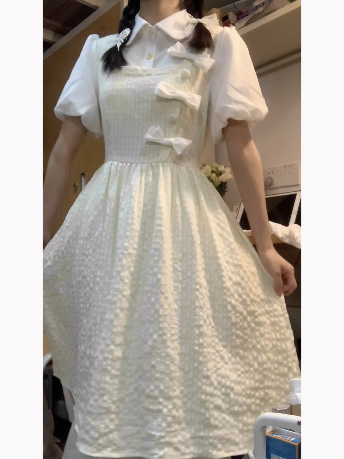 Sweet retro new Chinese bow fake two-piece splicing dress female students slim waist long A-line skirt