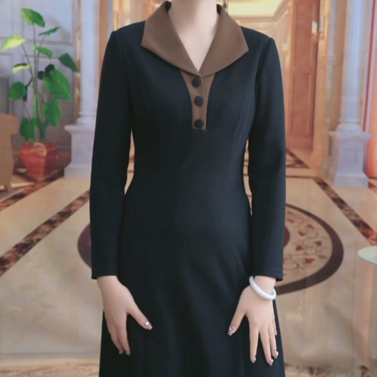 華夫格精紡春秋連衣裙長袖2023女洋氣高檔媽媽顯瘦改良版旗袍裙子