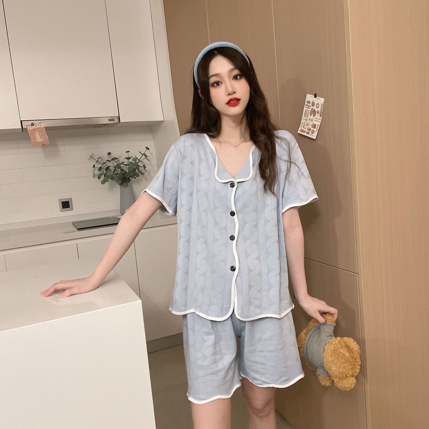 夏季ins新款睡衣女翻領對襟波浪邊霧藍短袖薄款提花高級感家居服