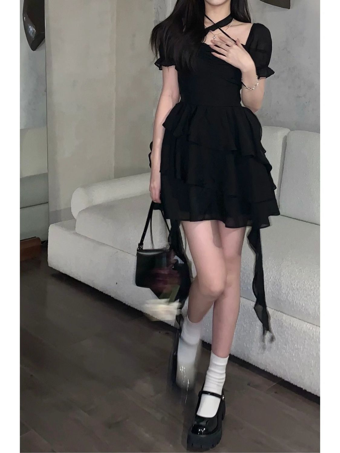 Black dress female summer 2023 new pure desire hot girl sweet cool square collar hanging neck a-line short skirt cake skirt tide