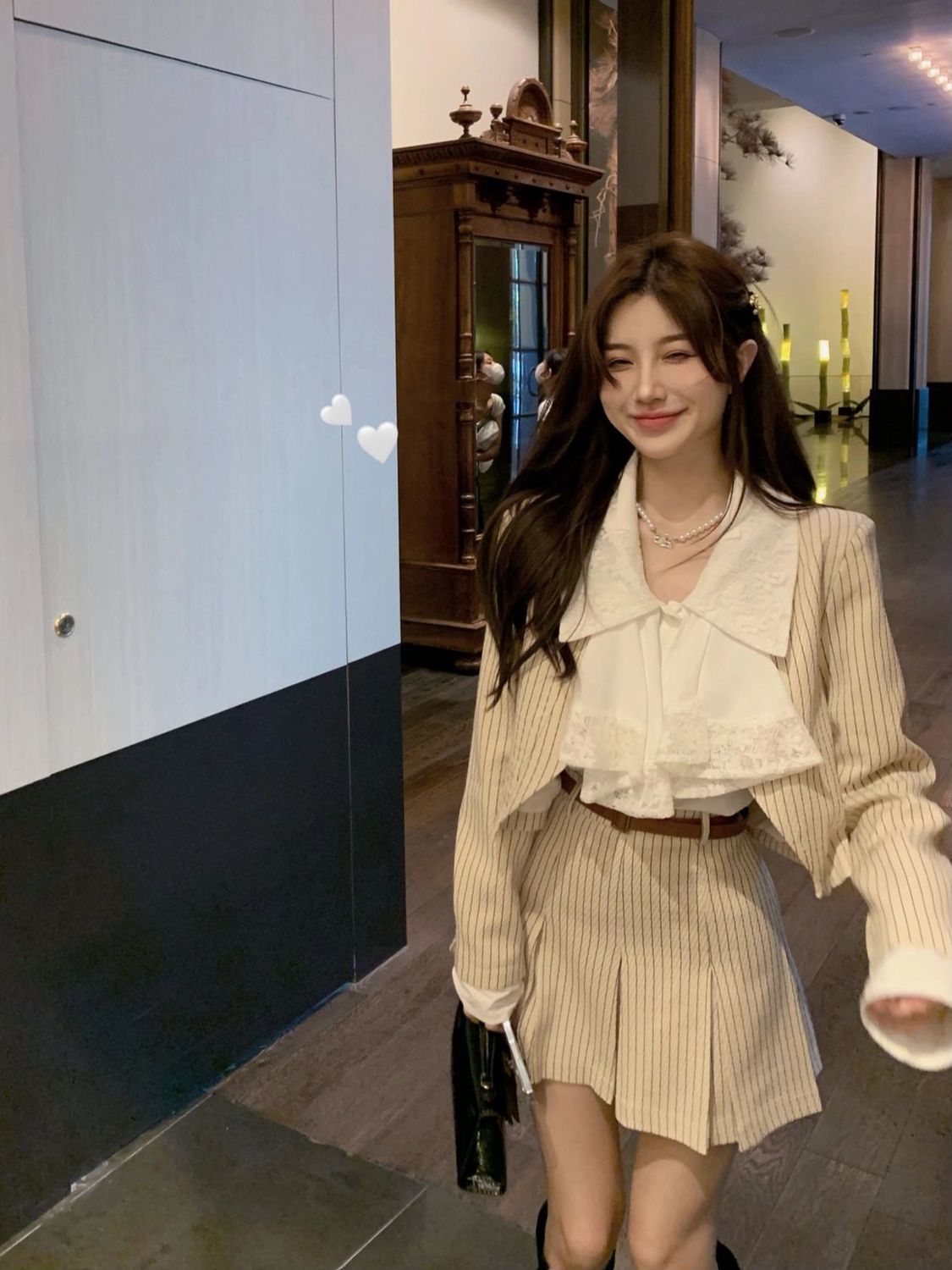 Three-piece suit light luxury style spring and autumn high-quality striped small suit jacket wearing a large lapel shirt skirt