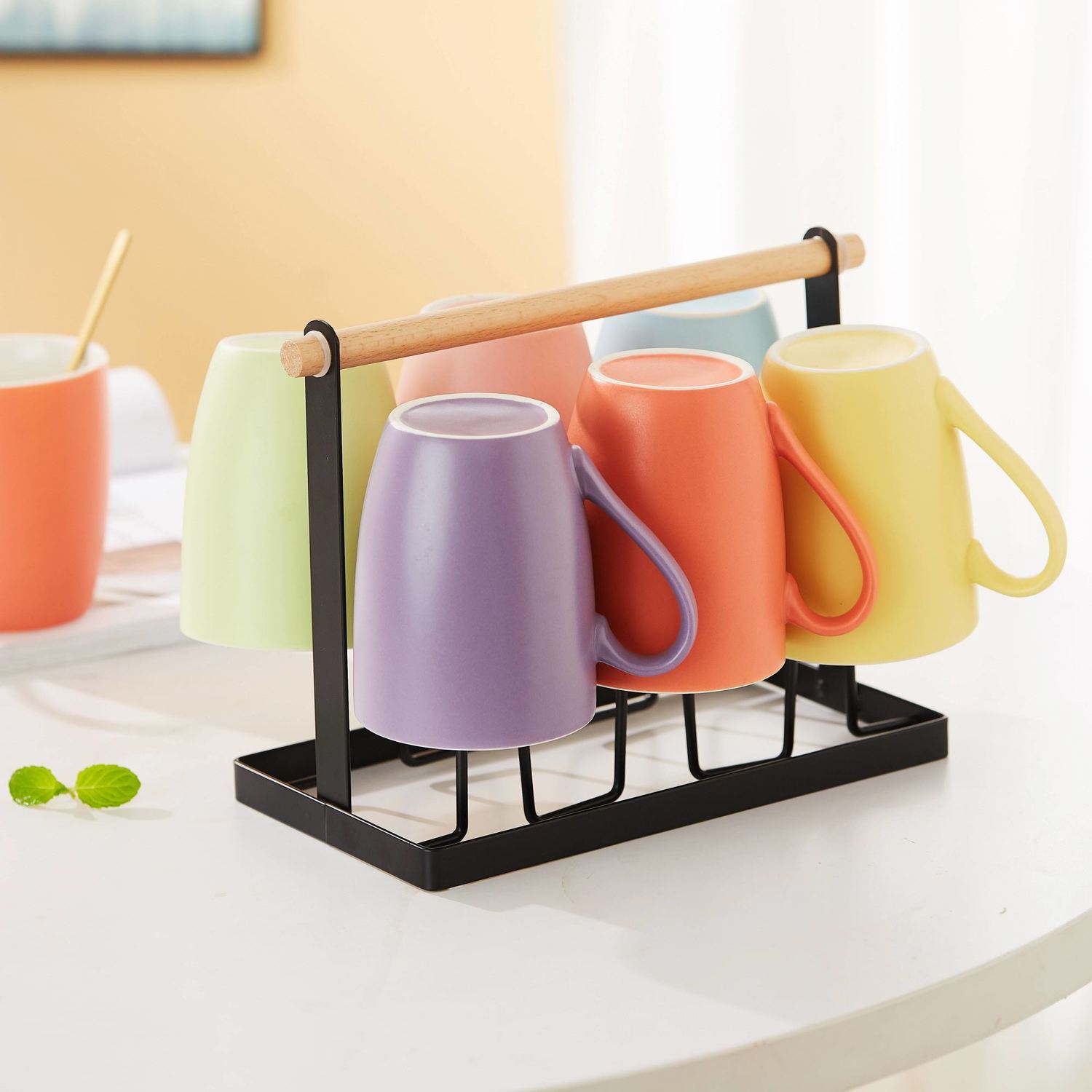 创意简约马卡龙色陶瓷杯子6个套装家用客厅早餐水杯小清新马克杯