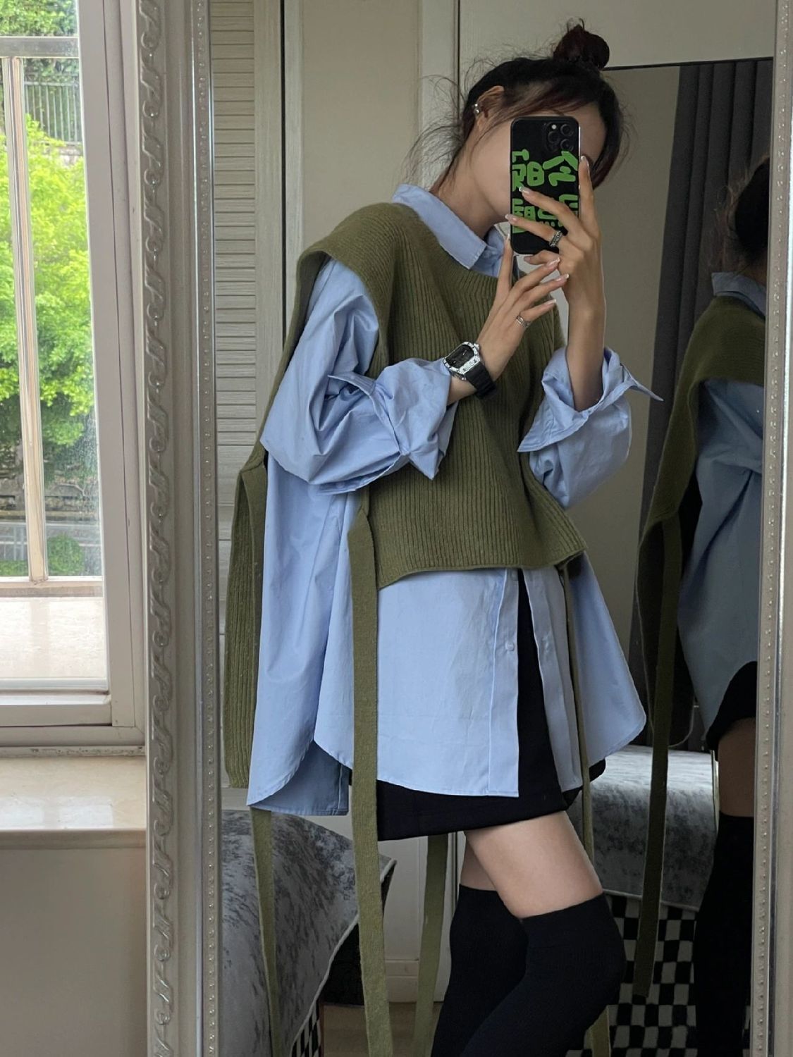 時尚套裝女春秋美式復古短款系帶針織披肩馬甲疊穿長袖襯衫兩件套
