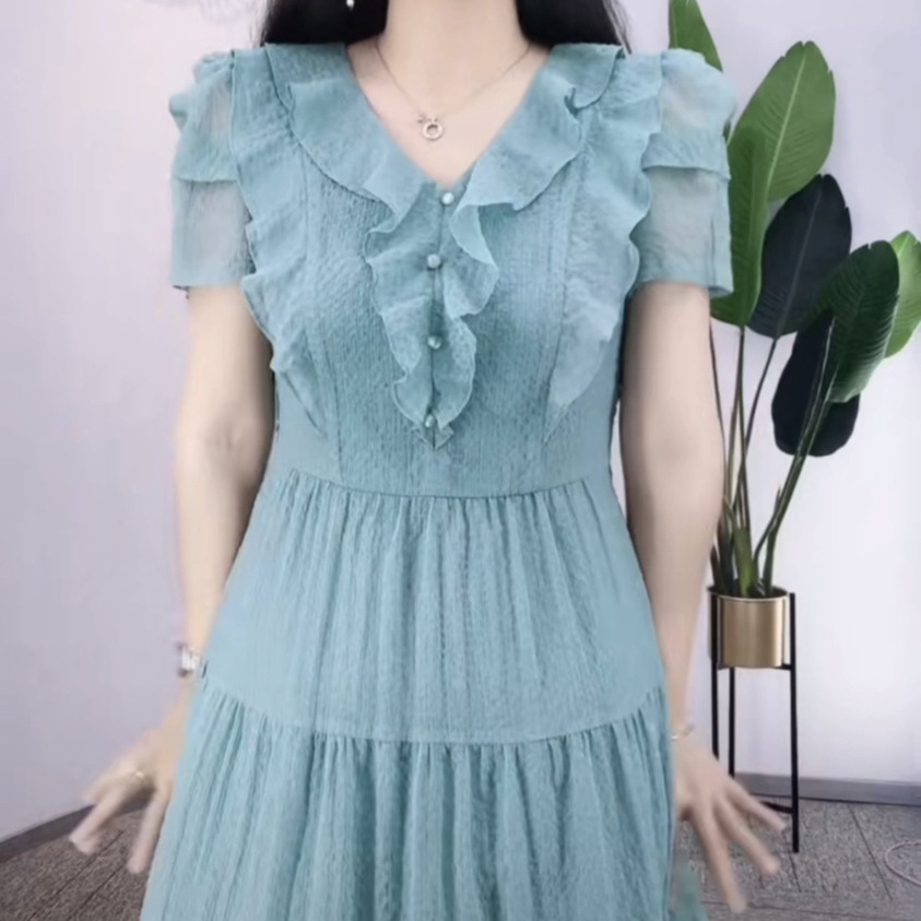 超仙洋氣顯瘦陽光琉璃絲連衣裙2023新款女裝夏季短袖時尚高檔裙子