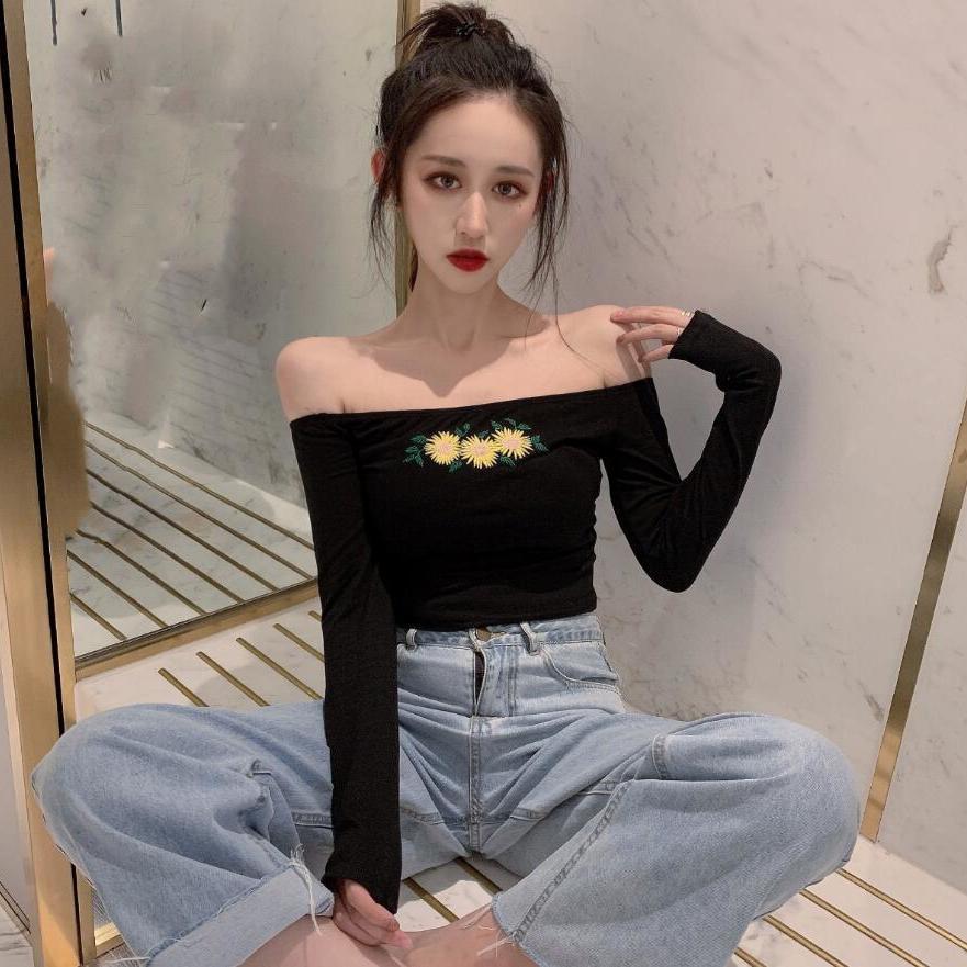 Spring and autumn inner sexy one-shoulder off-shoulder top ladies live broadcast short high waist navel bottoming bottoming T-shirt winter