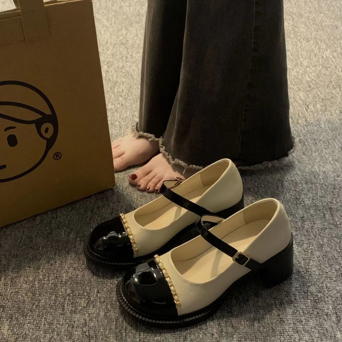 日系瑪麗珍小皮鞋女金屬拼色瑪麗珍鞋一字扣小香風小個子高跟單鞋