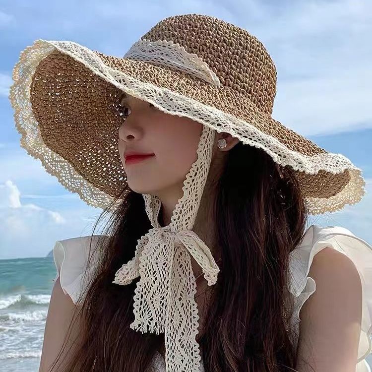 Hat female big brim net red straw hat sunscreen sunshade cover face UV protection spring and summer beach fisherman hat