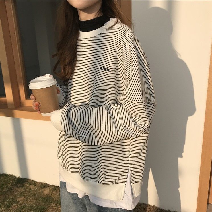Fake two piece striped sweater women's spring and autumn Korean loose BF versatile top long sleeve Pullover ins super fire CEC coat