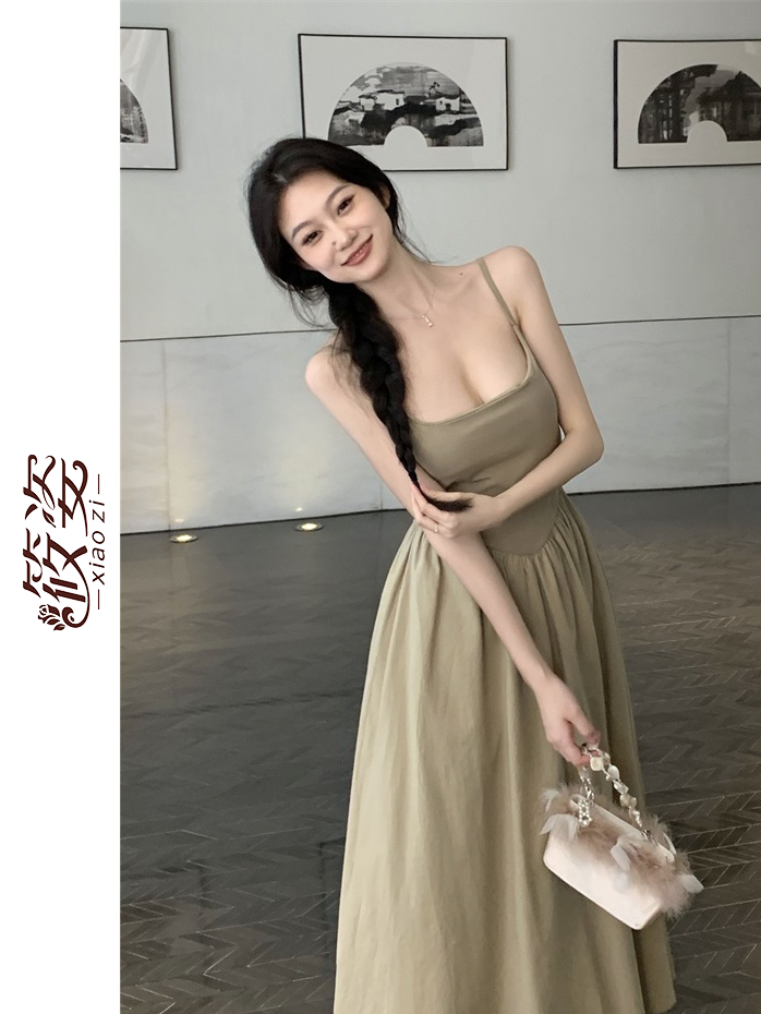 筱姿拼接卡其色無袖吊帶背心連衣裙女夏季辣妹長裙純欲風a字裙子