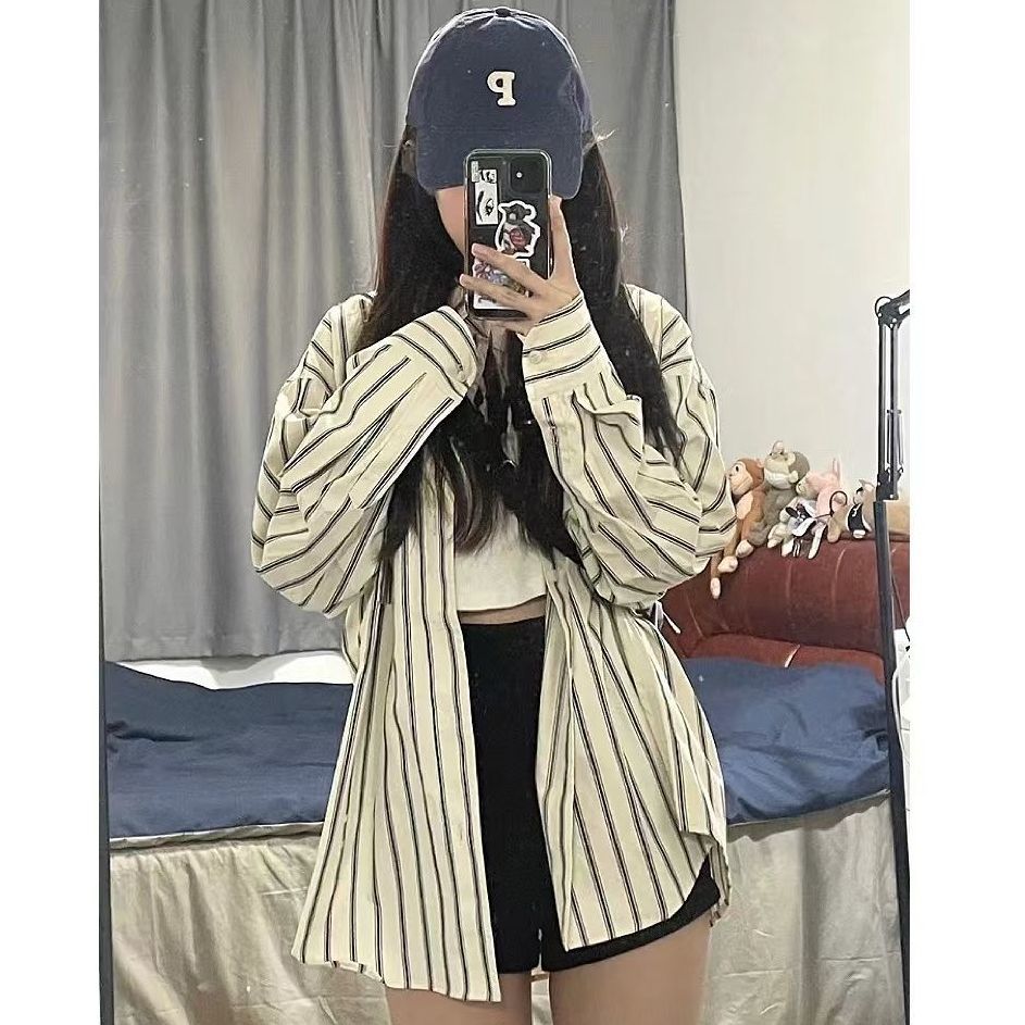 條紋襯衫女夏季2022新款日系慵懶風寬鬆百搭小個子襯衣學生外套潮
