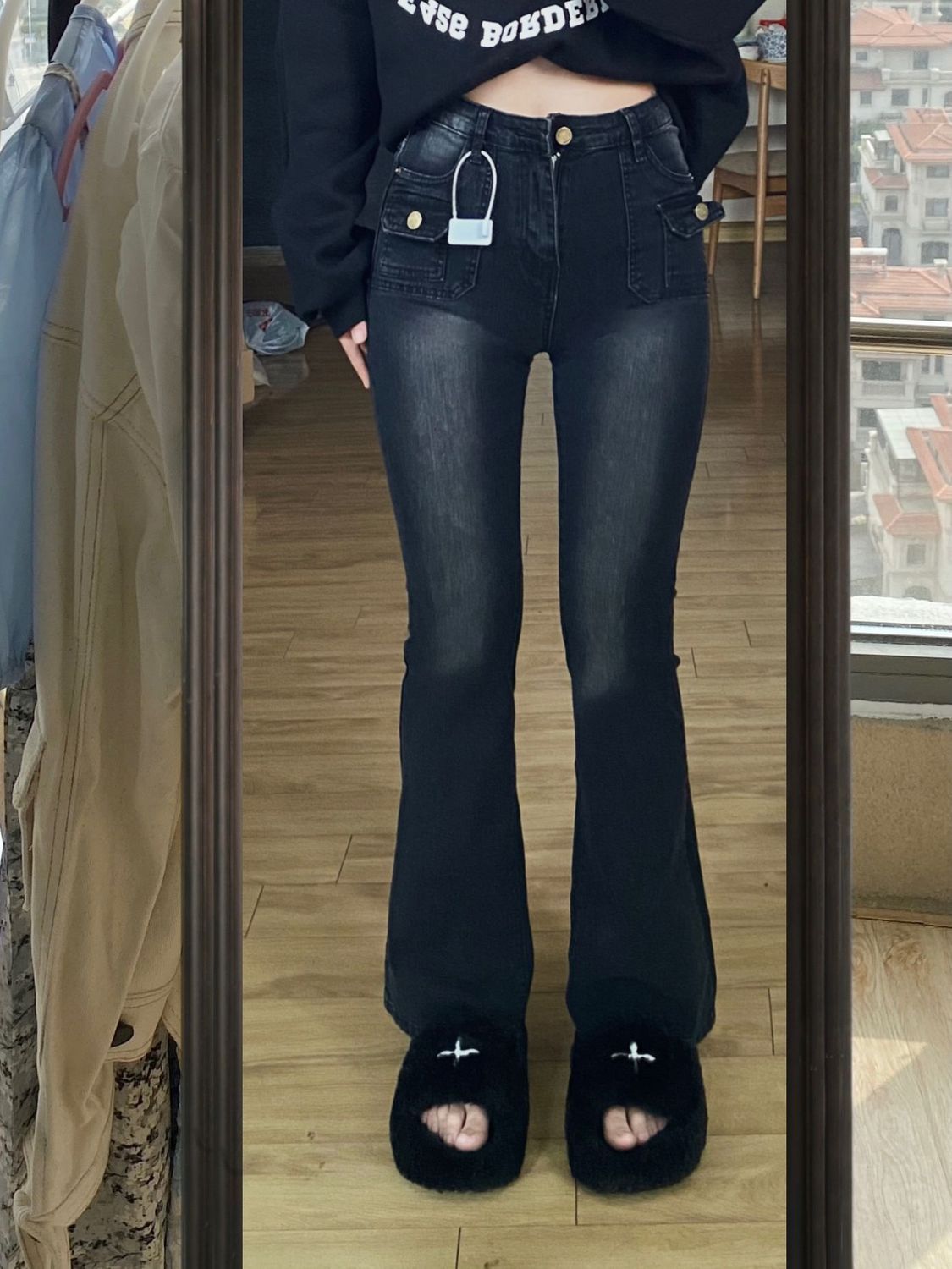 黑灰色高腰彈力微喇牛仔褲女2023春秋大碼梨形身材胖mm顯瘦馬蹄褲