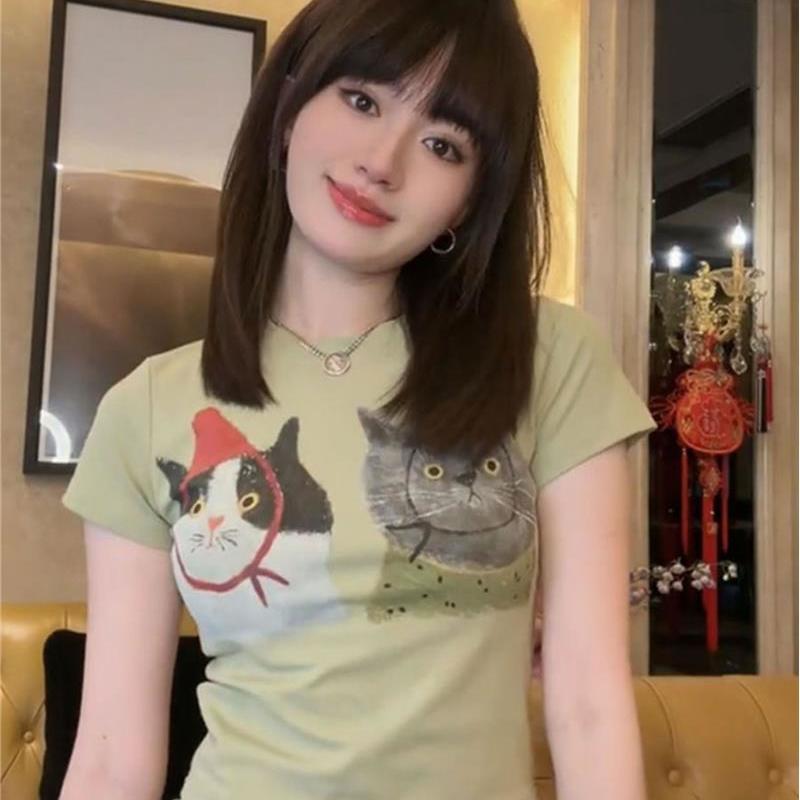 VIBRATE summer new cat pattern printing slim round neck short-sleeved slim fit t-shirt female design top