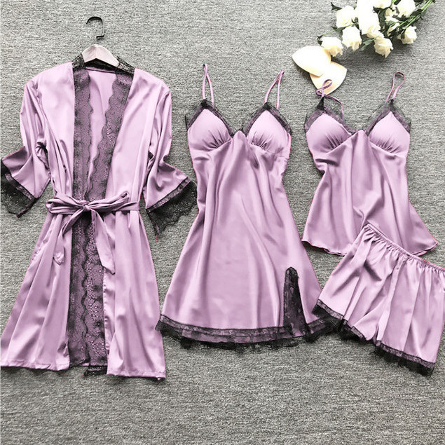 New sexy split suspender pajamas set Sexy lace lace with chest pad four-piece home clothes