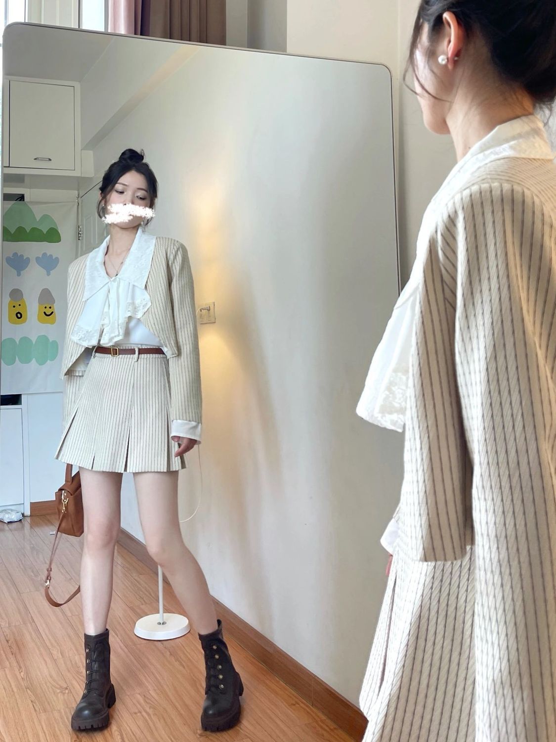 Three-piece suit light luxury style spring and autumn high-quality striped small suit jacket wearing a large lapel shirt skirt