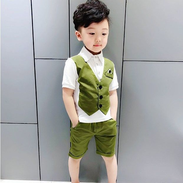 Children's short sleeve suit, boys' vest fake two-piece suit, flower girl dress, short sleeve shirt suit, summer two-piece suit