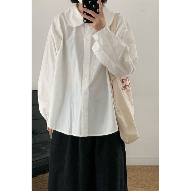 娃娃領襯衫女甜美日系簡約純色長袖襯衣港風設計感小眾chic上衣秋