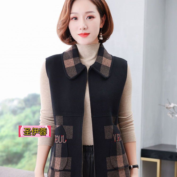  early autumn new fashion large grid vest 2201 style lapel sleeveless zipper large size loose elastic mother dress