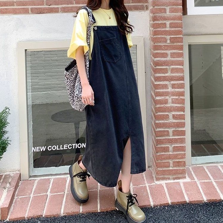 牛仔裙背帶裙女夏2022年新款可愛日系小個子中長款過膝吊帶連衣裙