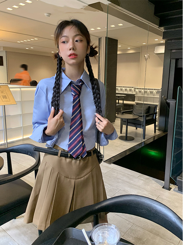 大碼藍色短款領帶襯衫女春季新款學院風襯衣上衣胖mm百褶裙套裝潮
