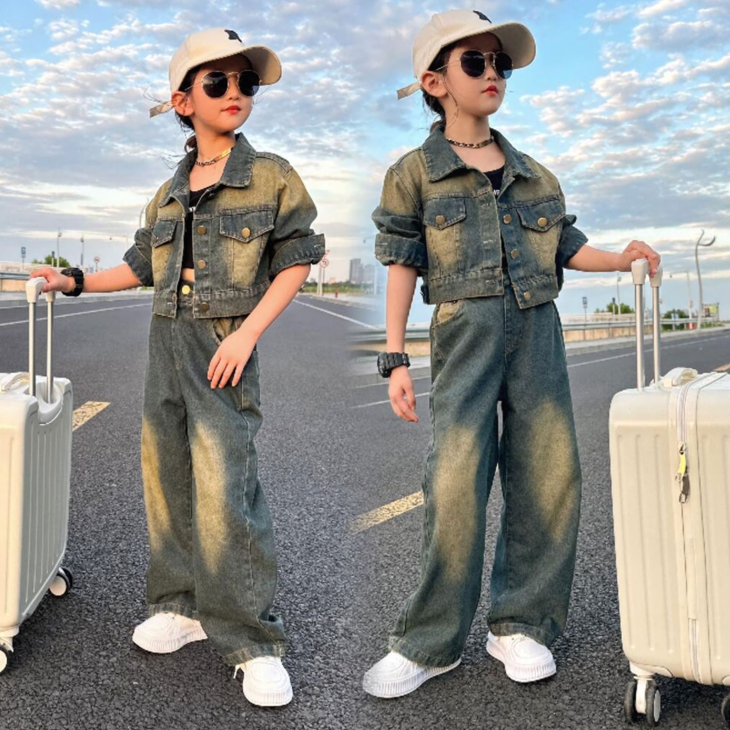 女童秋裝港風個性牛仔套裝兒童春秋新款洋氣童裝中大童秋季兩件套