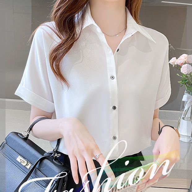 Drape sense chiffon shirt female summer new Korean version fat mm high-end temperament white short-sleeved polo professional foreign style top