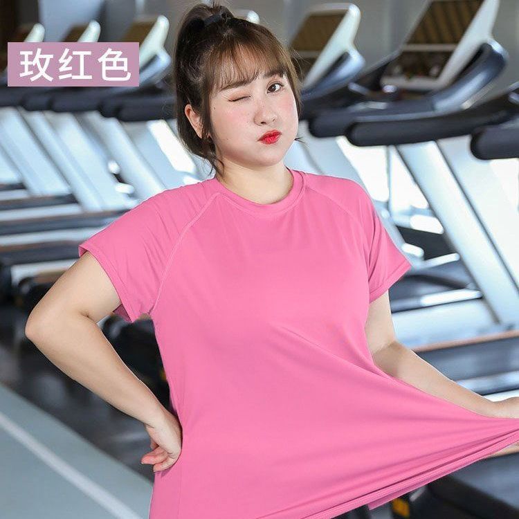 大码运动t恤女夏季宽松跑步200斤速干健身衣胖mm短袖瑜伽服上衣