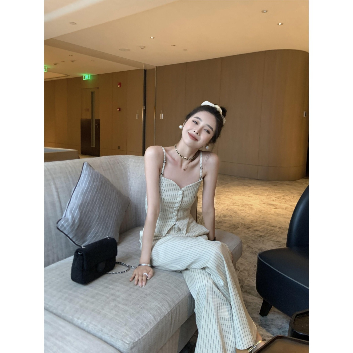 Fashion two-piece suit summer new Korean version retro net red self-cultivation thin striped camisole wide-leg trousers women