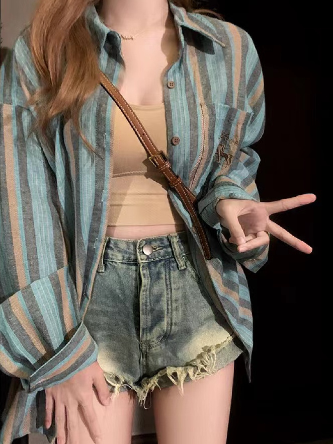 夏季2023新款高級藍青色條紋襯衫女鹽系復古休閒襯衣薄款防曬外穿