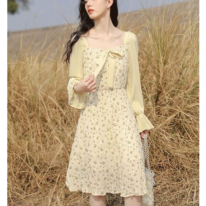 French platycodon first love skirt new spring  gentle temperament high waist mid-length chiffon floral dress