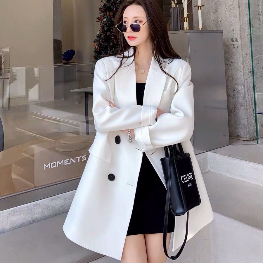 White suit jacket for women  spring and autumn new Korean style loose casual temperament double-breasted suit top for women