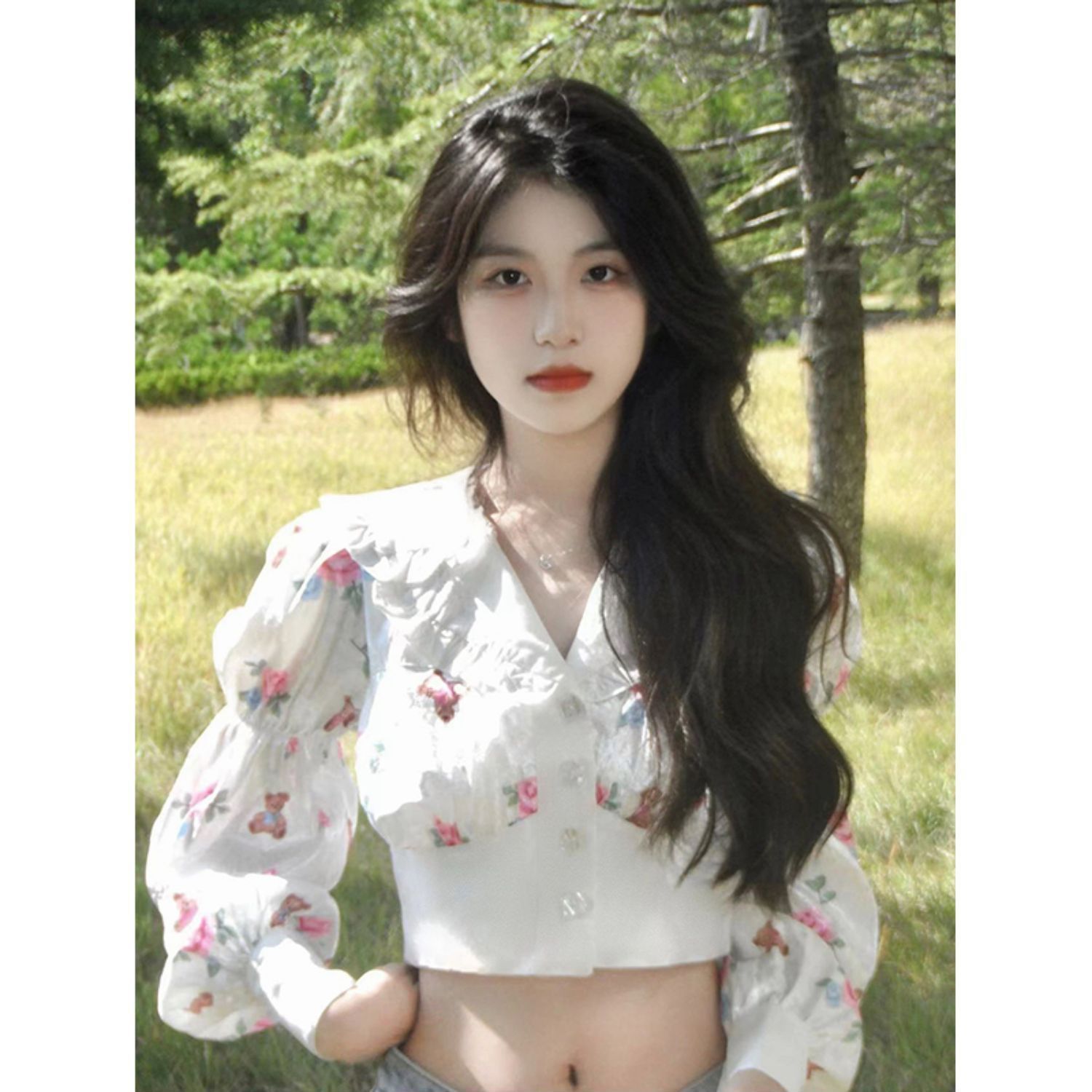 長袖法式甜美上衣女春季新款修身顯瘦短款碎花海軍領韓版薄款襯衫