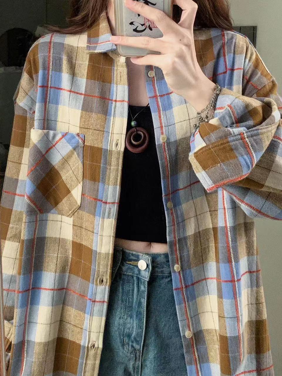 美式格子襯衫女法式慵懶風外套薄款防曬衣女外穿寬鬆休閒襯衣潮流