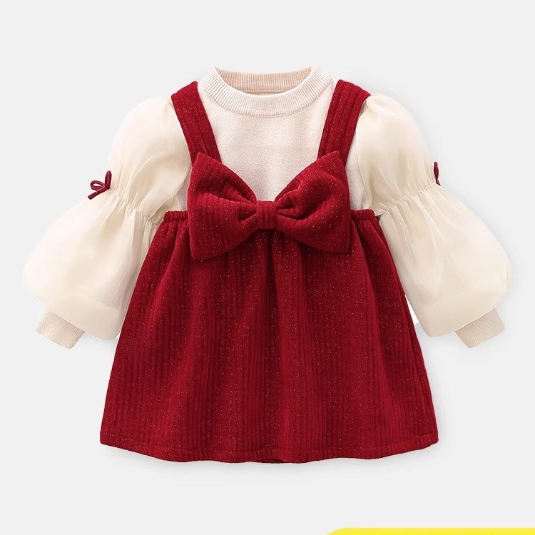 2023女宝宝冬款加绒公主裙生日红裙女童连衣裙两件套婴幼儿套装潮