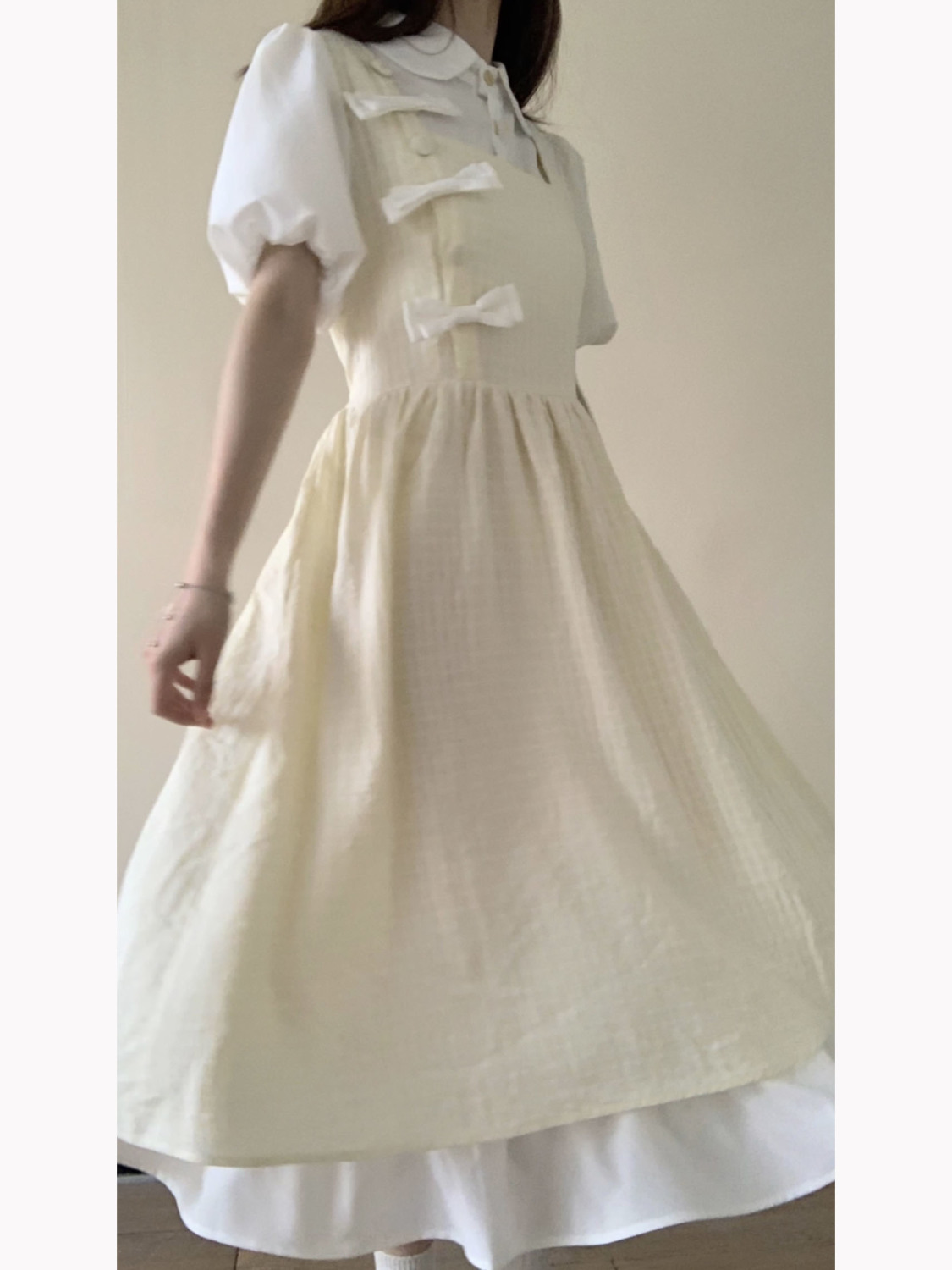 Korean version design sense new Chinese bowknot puff sleeve doll collar dress female student Japanese slimming A-line skirt