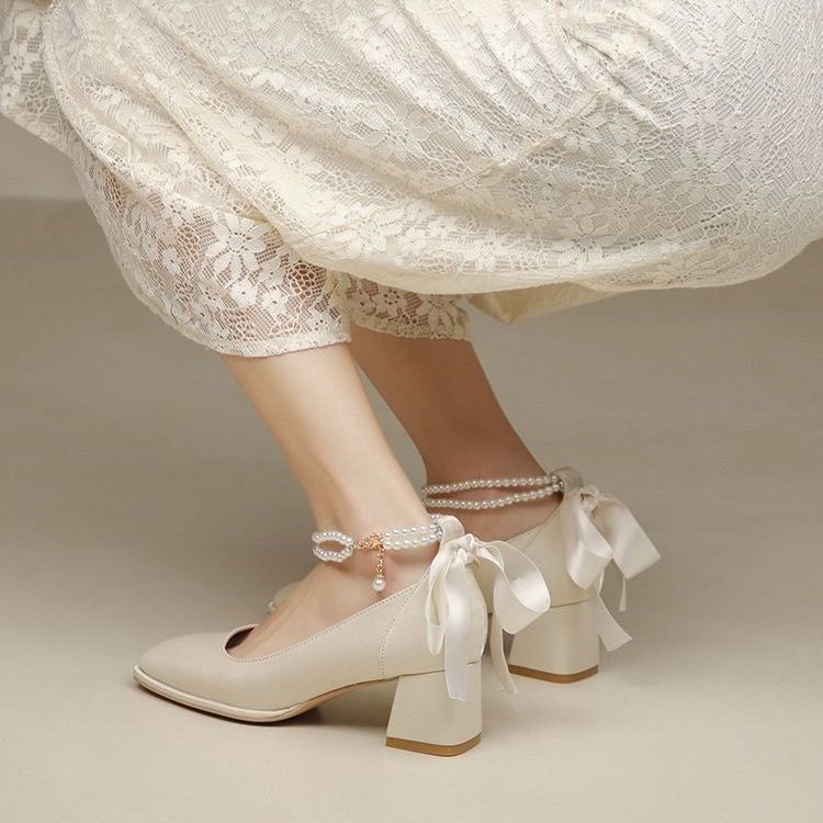 法式粗跟单鞋女伴娘日常可穿方头中跟婚鞋新娘鞋高跟婚礼鞋不累脚