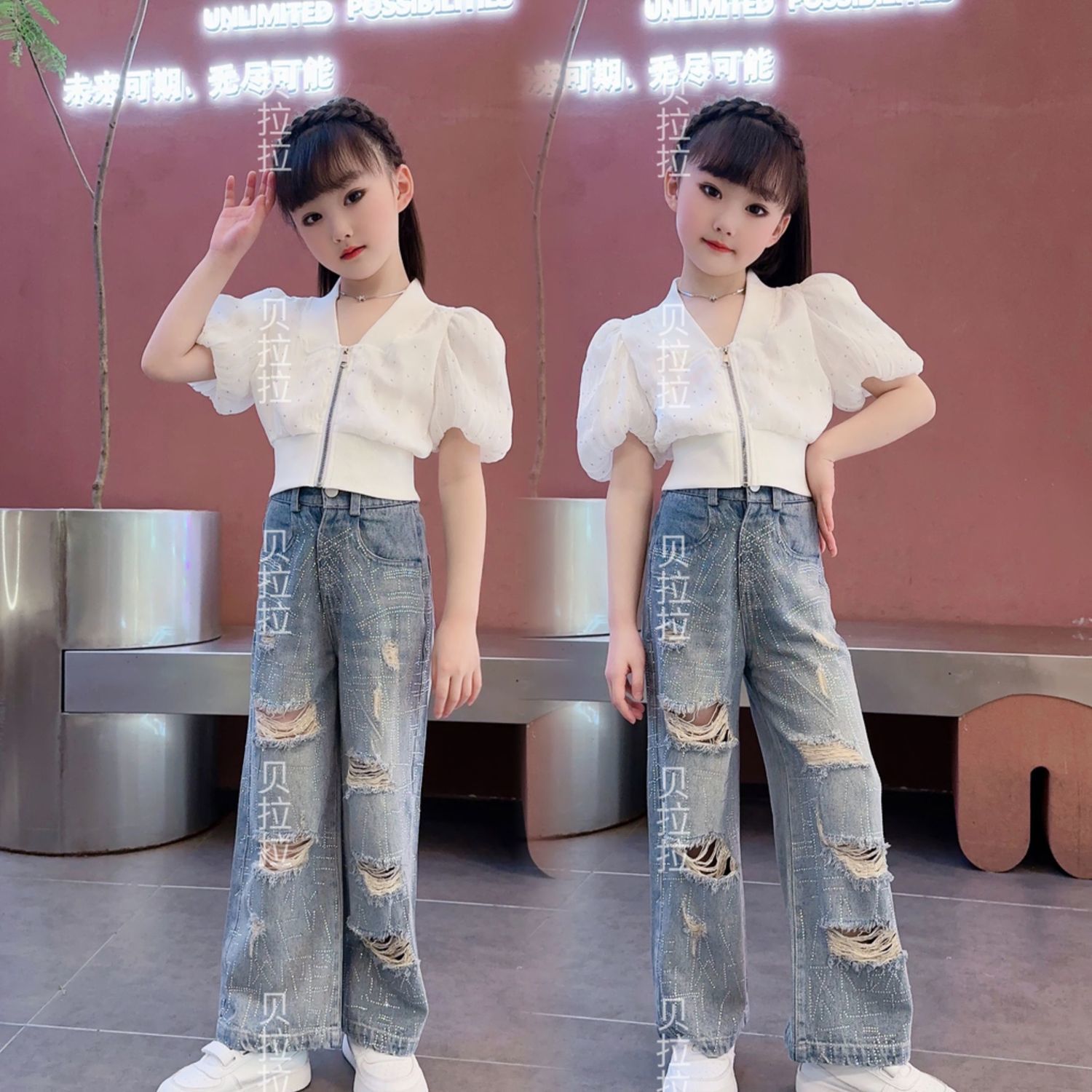 2023夏季女童甜美法式V領泡泡袖襯衫中大童裝新款燙磚破洞牛仔褲