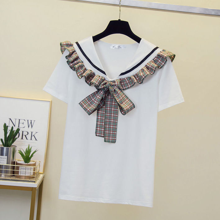 Cotton Girls Navy Collar Top Summer New Zhongda Children's Korean Version of the Western Style College Style Short-sleeved Versatile T-Shirt