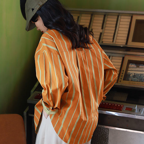 2022春秋新款设计感衬衣复古港风橙色拼接条纹宽松简约长袖衬衫女