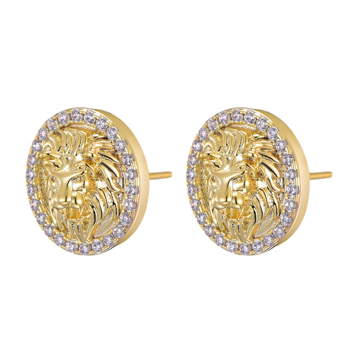 Orecchini a lobo testa di leone con zirconia e strass hip-hop_voghion.com