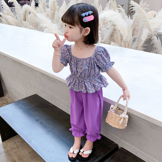 1-6歲女童夏裝爆款高檔套裝5洋氣兒童裝夏季時髦碎花短袖兩件套潮