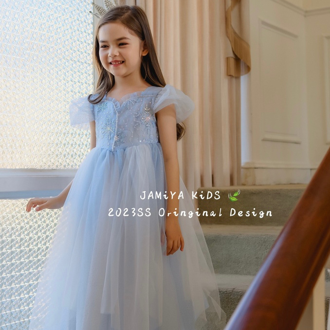 2023新款女童艾莎公主雪花刺繡亮片連衣裙愛莎冰雪奇緣長裙禮服