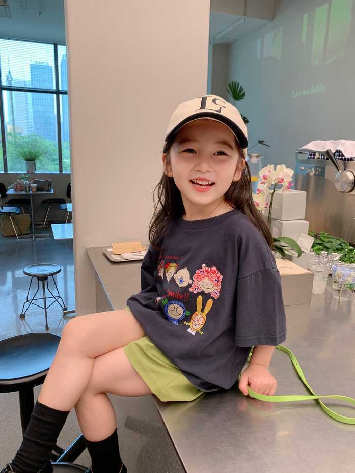 Korean version of girls' all-match short-sleeved T-shirt summer children's clothing cute cartoon printed tops children's casual loose cotton t-shirt
