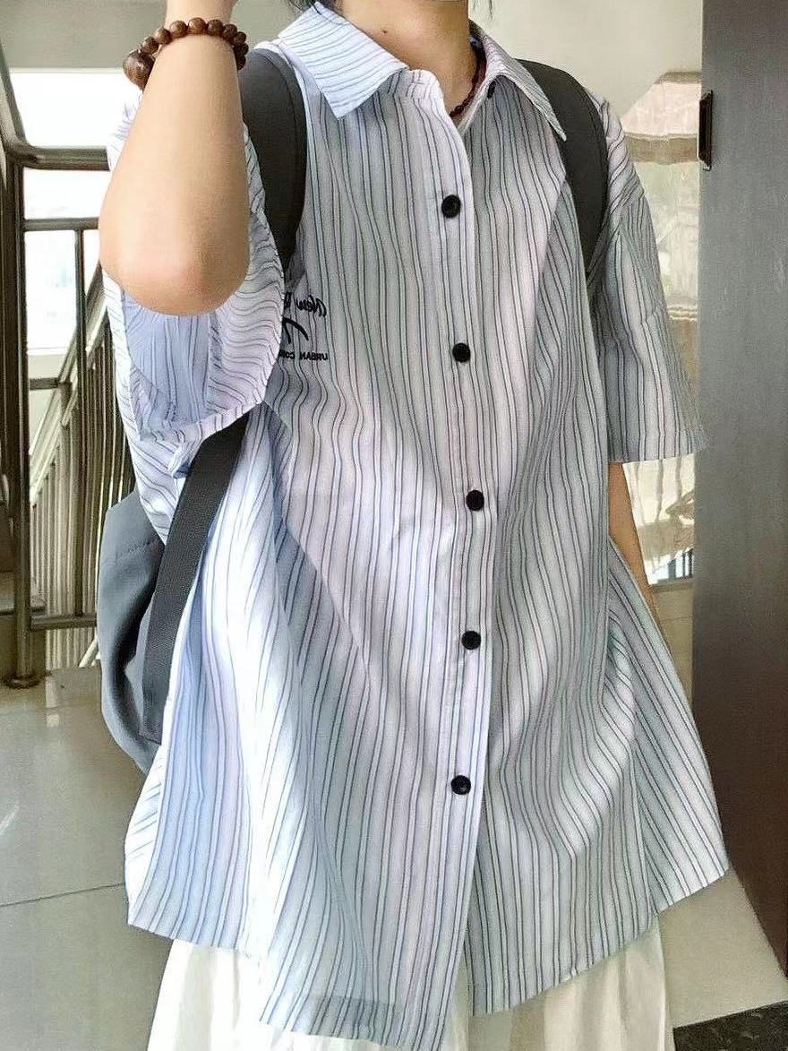 2023夏季薄款森系清新藍色條紋襯衫短袖女寬鬆休閒小個子襯衣外穿