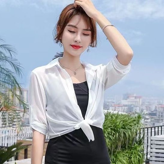【送吊帶】夏季新款小披肩薄款襯衫小外套女百搭防曬衣雪紡開衫女