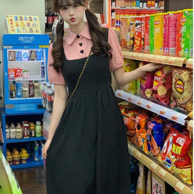 大碼短袖學院風假兩件連衣裙女胖mm夏季顯瘦新款粉色泡泡袖長裙子
