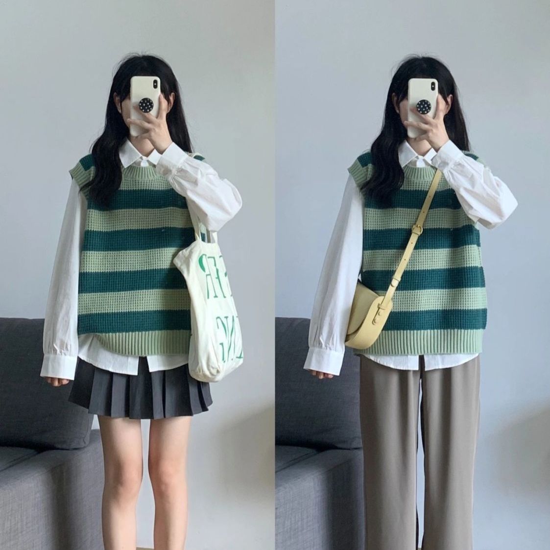 Two-piece suit autumn forest department college style waistcoat round neck knitted sweater layered vest vest with shirt women