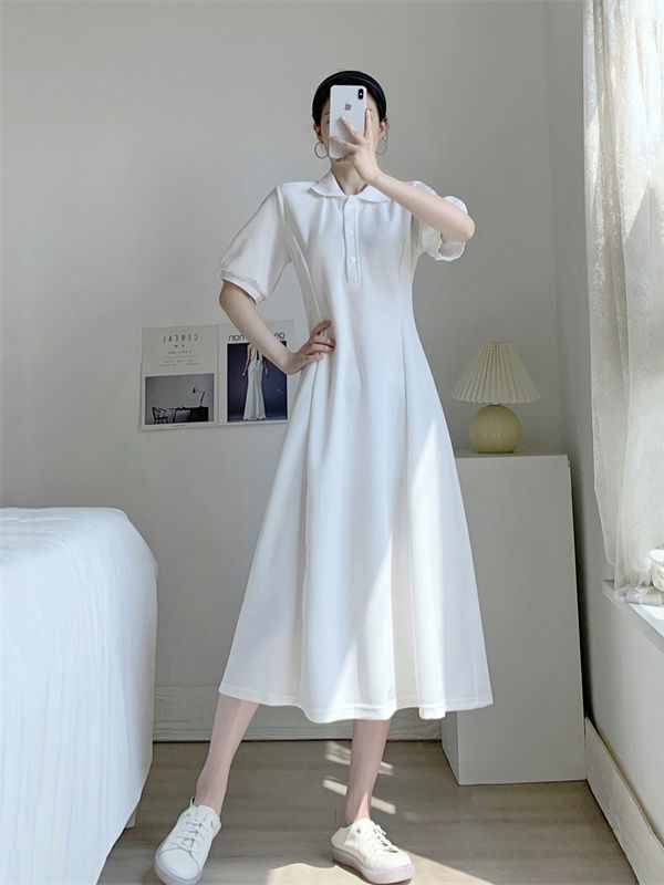 POLO collar short-sleeved dress summer  new waistline slim fashion temperament mid-length A-line skirt ins