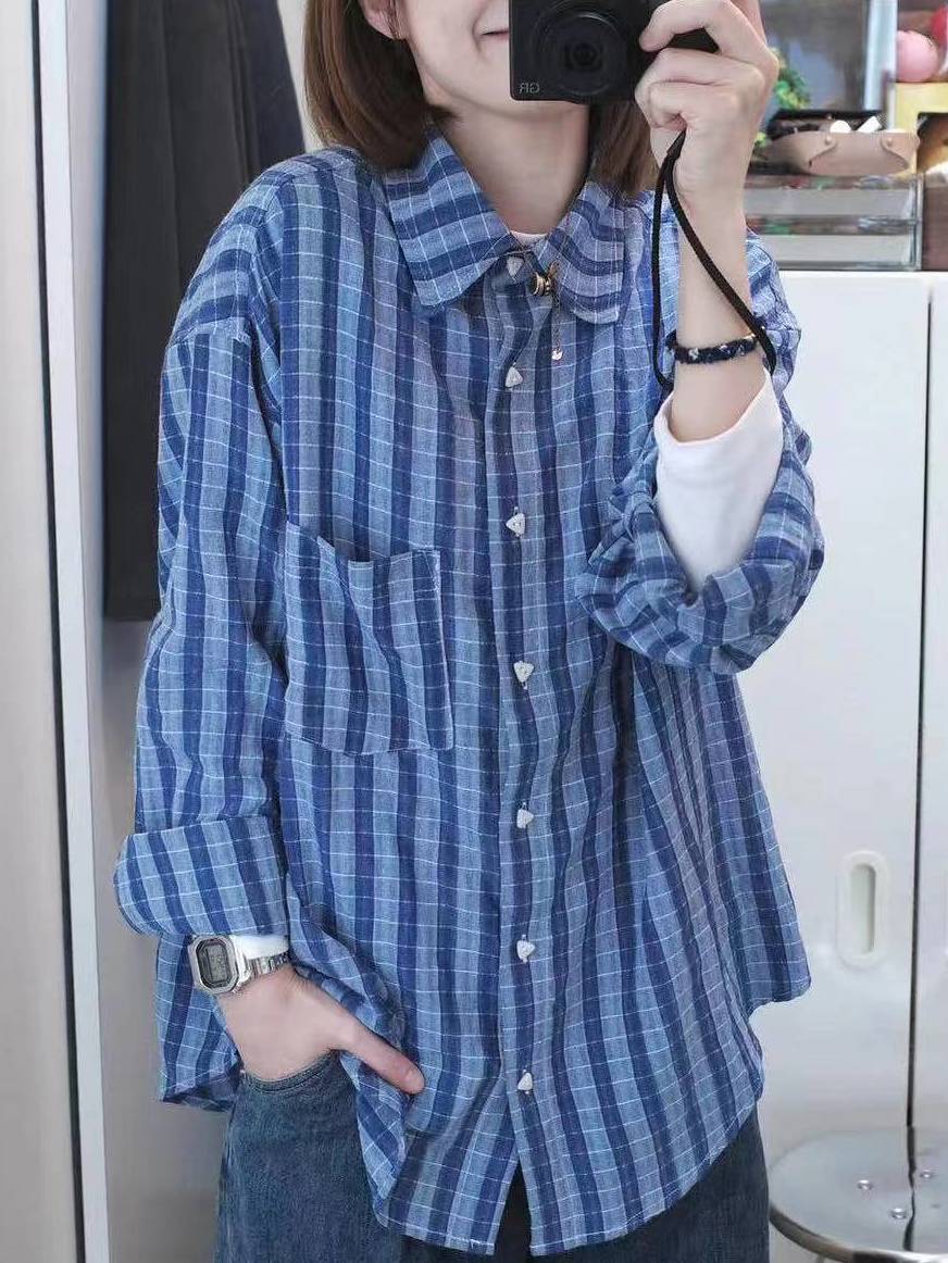 夏季薄款防紫外線防曬格子襯衫女寬鬆百搭上衣港味高級感襯衣開衫